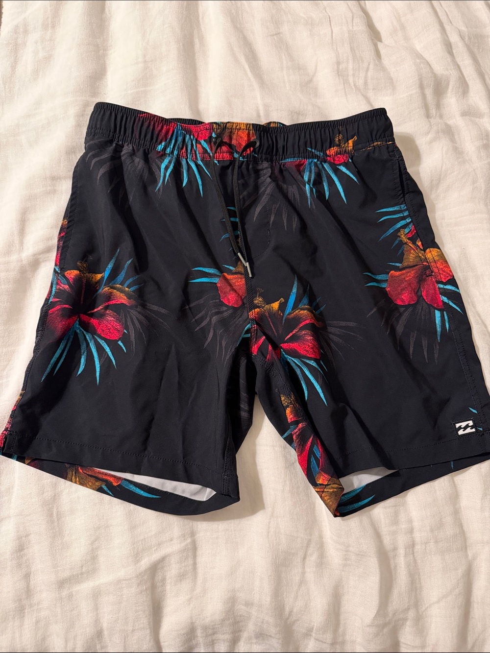 Billabong Black Swim Trunks with Red & Teal Floral Print
